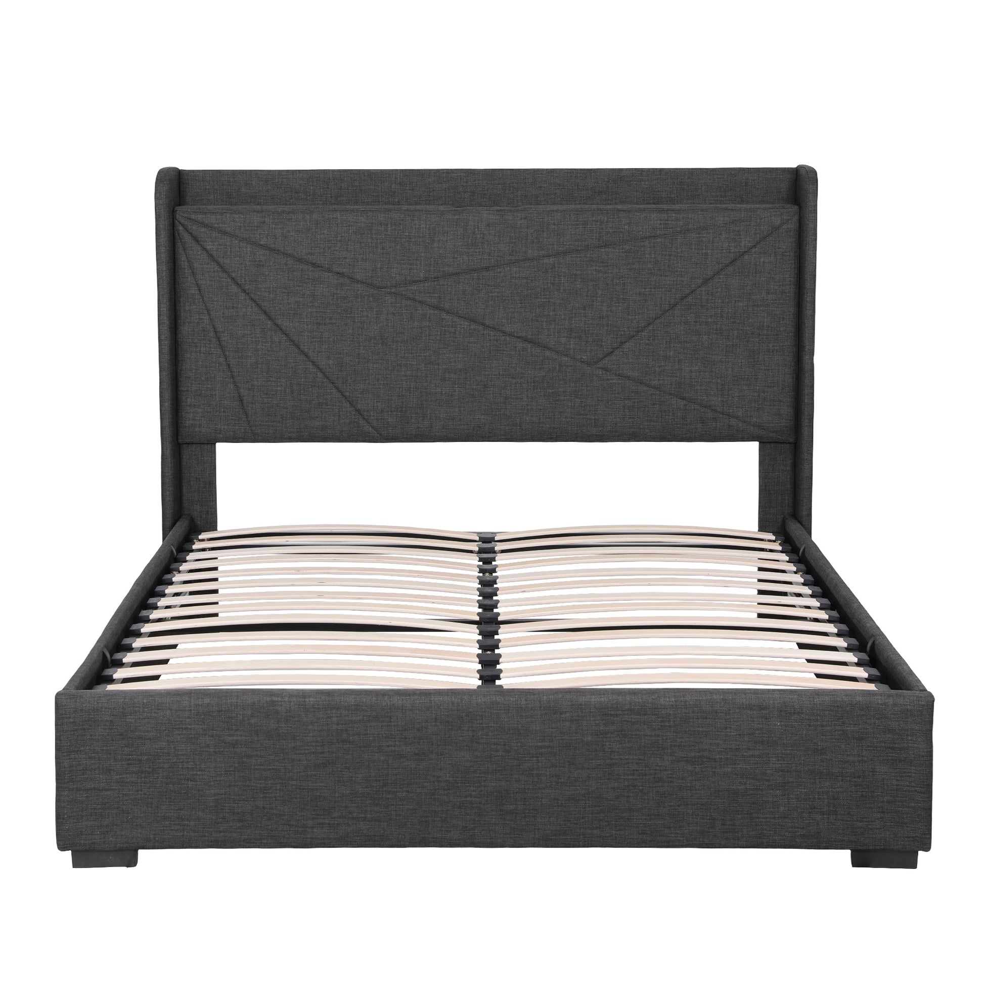 Artiss Double Bed Frame Gas Lift Storage Bed with Charging Ports Upholstered Geometric Headboard Charcoal Grey - Image 4