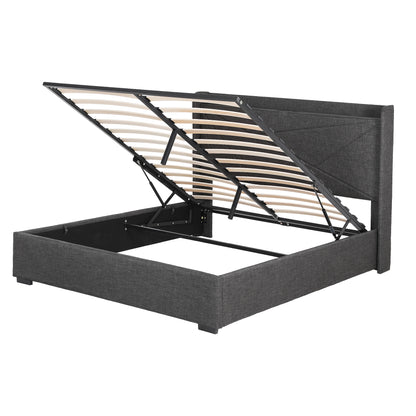 Artiss Double Bed Frame Gas Lift Storage Bed with Charging Ports Upholstered Geometric Headboard Charcoal Grey - Image 5