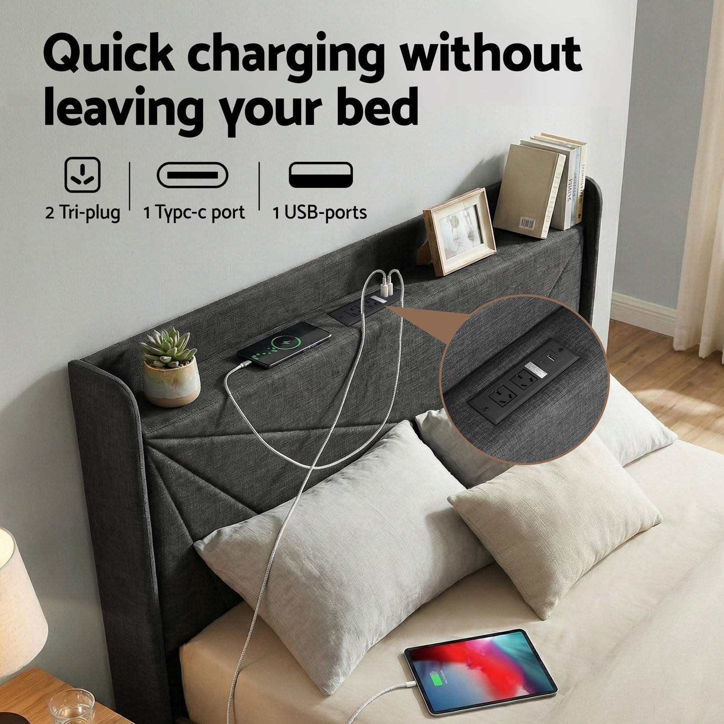 Artiss Double Bed Frame Gas Lift Storage Bed with Charging Ports Upholstered Geometric Headboard Charcoal Grey - Image 6