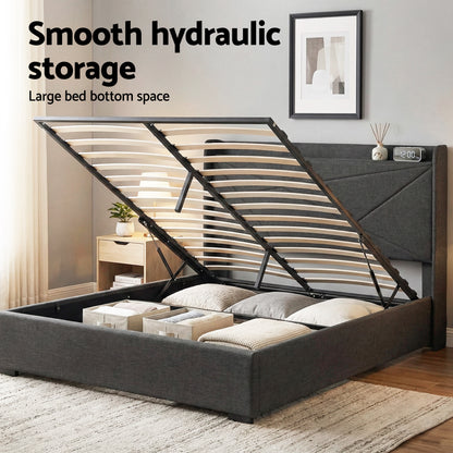 Artiss Double Bed Frame Gas Lift Storage Bed with Charging Ports Upholstered Geometric Headboard Charcoal Grey - Image 8