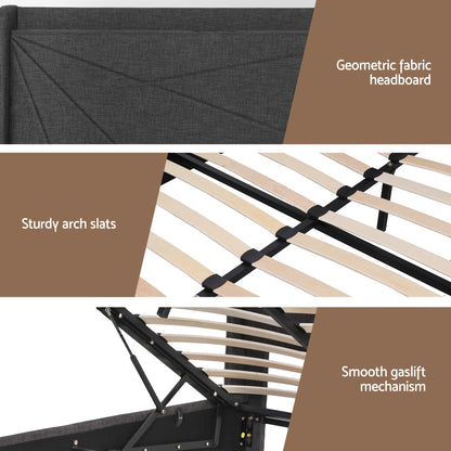 Artiss Double Bed Frame Gas Lift Storage Bed with Charging Ports Upholstered Geometric Headboard Charcoal Grey - Image 9