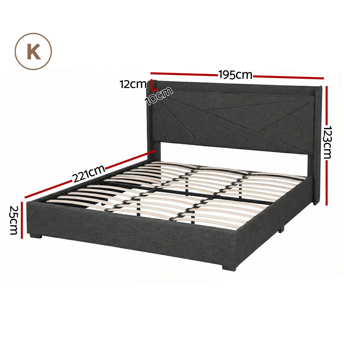 Artiss King Bed Frame Gas Lift Storage Bed with Charging Ports Upholstered Geometric Headboard Charcoal Grey - Image 2