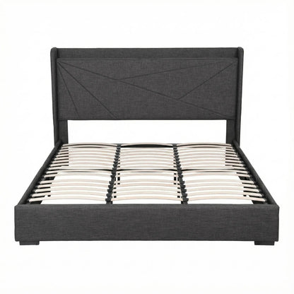 Artiss King Bed Frame Gas Lift Storage Bed with Charging Ports Upholstered Geometric Headboard Charcoal Grey - Image 4