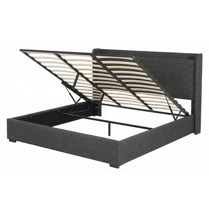 Artiss King Bed Frame Gas Lift Storage Bed with Charging Ports Upholstered Geometric Headboard Charcoal Grey - Image 5