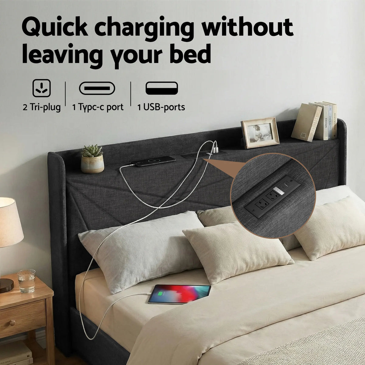 Artiss King Bed Frame Gas Lift Storage Bed with Charging Ports Upholstered Geometric Headboard Charcoal Grey - Image 6