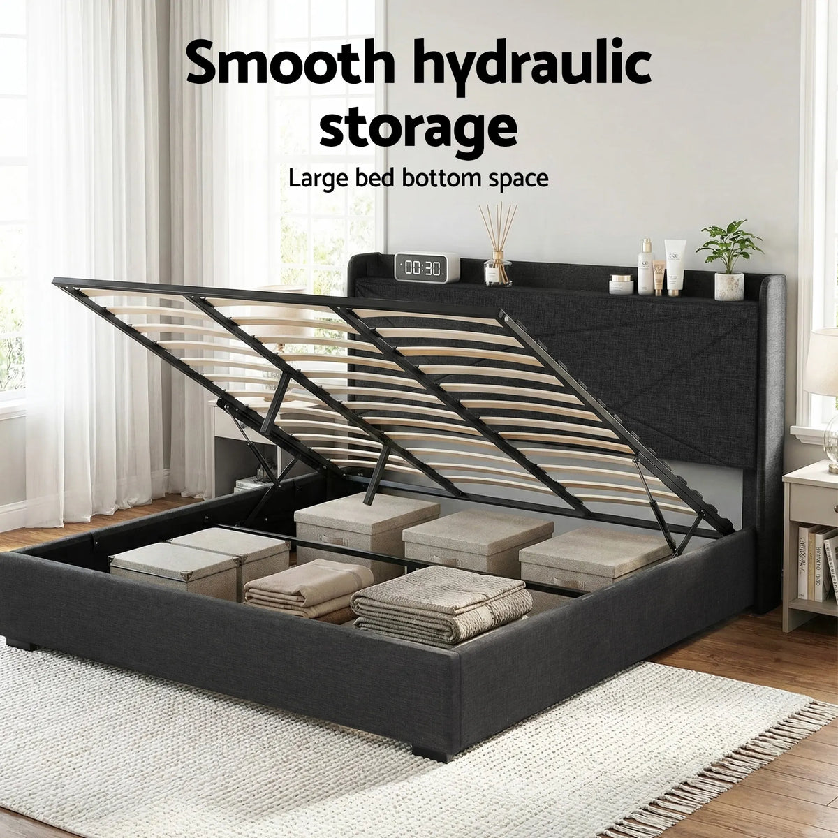 Artiss King Bed Frame Gas Lift Storage Bed with Charging Ports Upholstered Geometric Headboard Charcoal Grey - Image 8