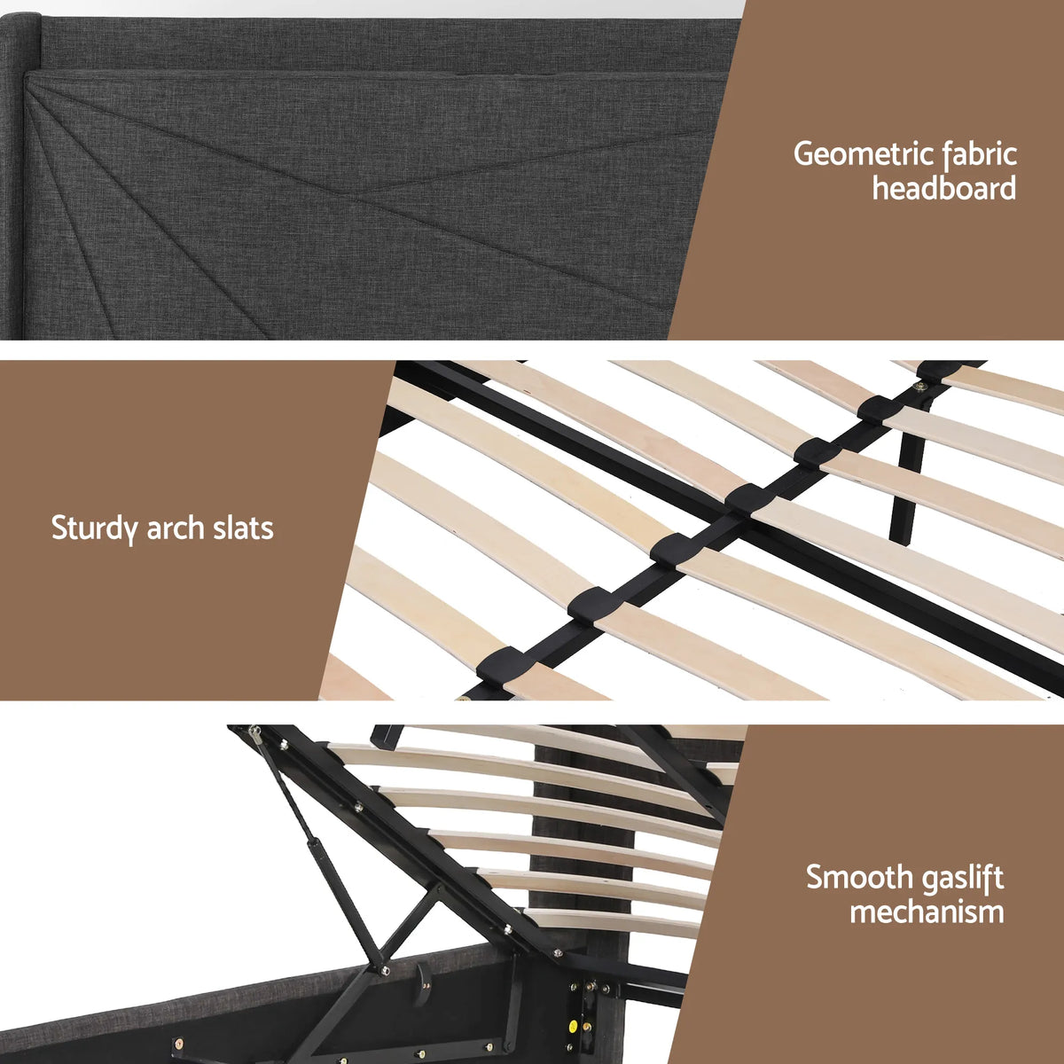 Artiss King Bed Frame Gas Lift Storage Bed with Charging Ports Upholstered Geometric Headboard Charcoal Grey - Image 9