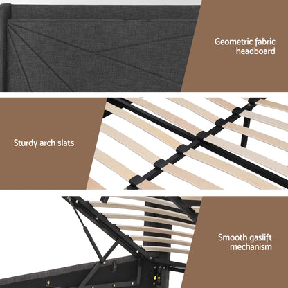 Artiss King Bed Frame Gas Lift Storage Bed with Charging Ports Upholstered Geometric Headboard Charcoal Grey - Image 9