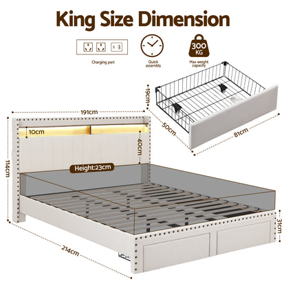 Artiss King Upholstered Bed Frame with Shelf Storage Drawers Charging Station Mood Lighting Linen - Image 2