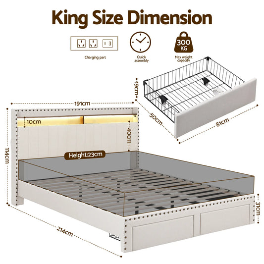 Artiss King Upholstered Bed Frame with Shelf Storage Drawers Charging Station Mood Lighting Linen - Image 2