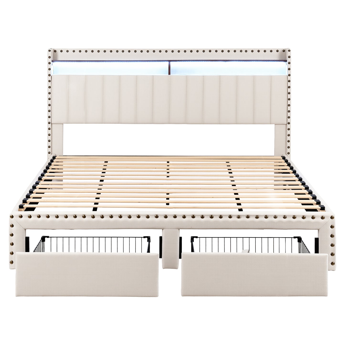 Artiss King Upholstered Bed Frame with Shelf Storage Drawers Charging Station Mood Lighting Linen - Image 3