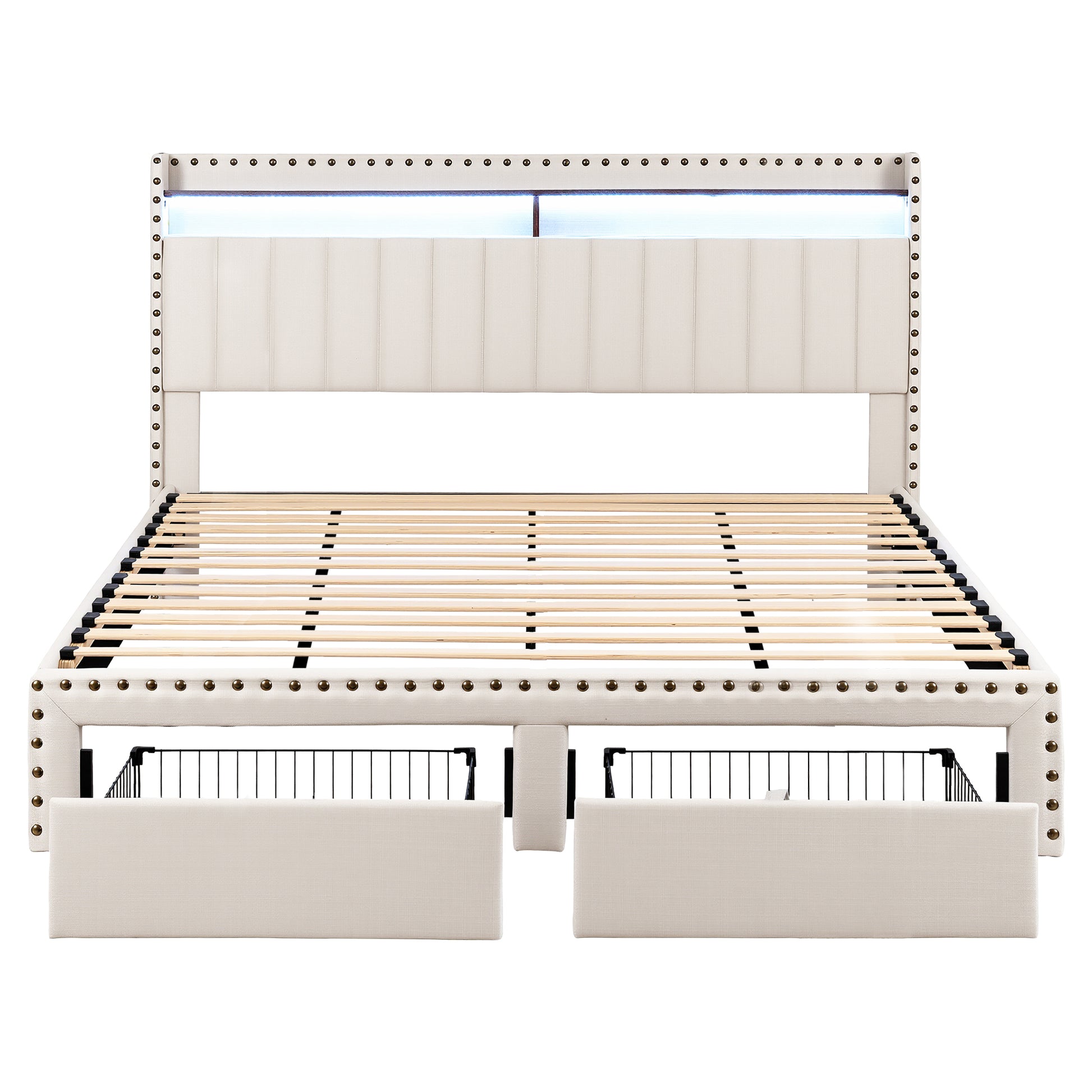 Artiss King Upholstered Bed Frame with Shelf Storage Drawers Charging Station Mood Lighting Linen - Image 3