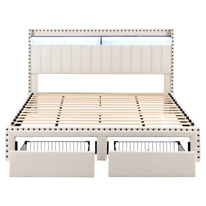 Artiss King Upholstered Bed Frame with Shelf Storage Drawers Charging Station Mood Lighting Linen - Image 3