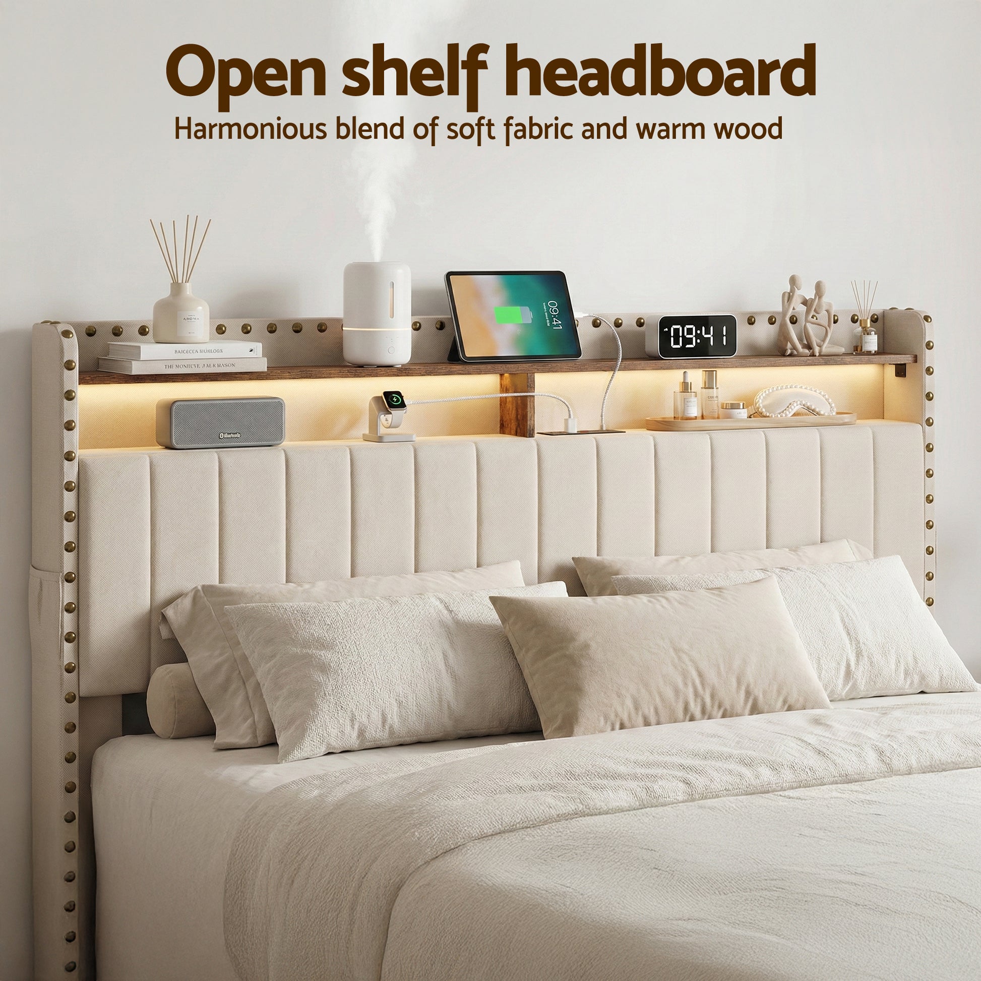 Artiss King Upholstered Bed Frame with Shelf Storage Drawers Charging Station Mood Lighting Linen - Image 4