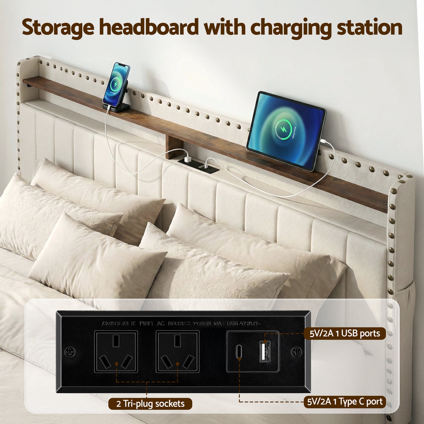 Artiss King Upholstered Bed Frame with Shelf Storage Drawers Charging Station Mood Lighting Linen - Image 5