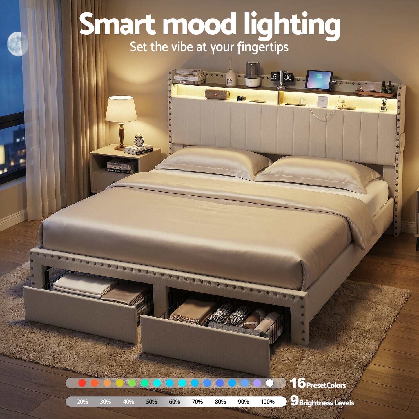 Artiss King Upholstered Bed Frame with Shelf Storage Drawers Charging Station Mood Lighting Linen - Image 7