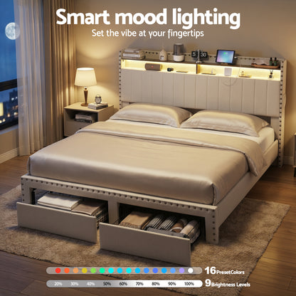 Artiss King Upholstered Bed Frame with Shelf Storage Drawers Charging Station Mood Lighting Linen - Image 7