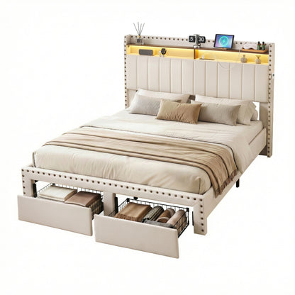Artiss King Upholstered Bed Frame with Shelf Storage Drawers Charging Station Mood Lighting Linen - Image 9