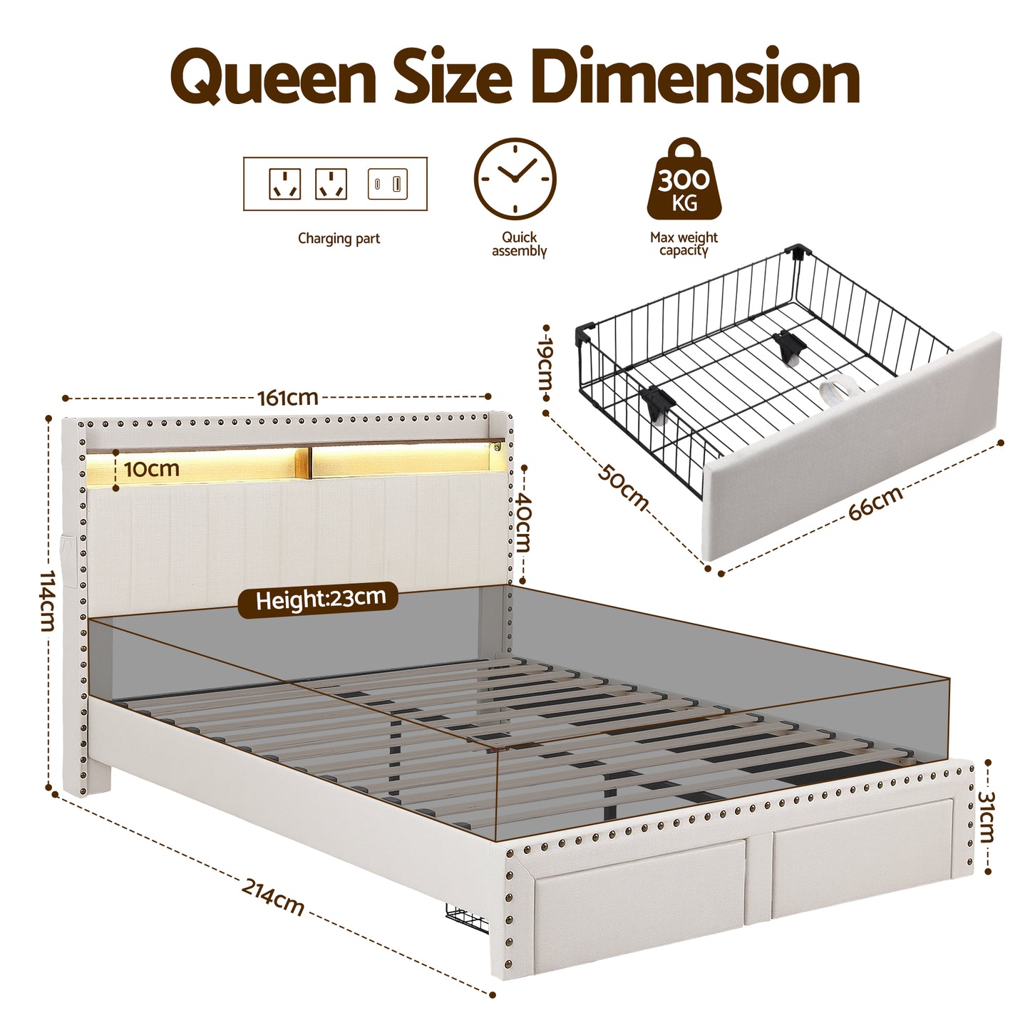 Artiss Queen Upholstered Bed Frame with Shelf Storage Drawers Charging Station Mood Lighting Linen - Image 2