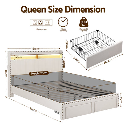 Artiss Queen Upholstered Bed Frame with Shelf Storage Drawers Charging Station Mood Lighting Linen - Image 2