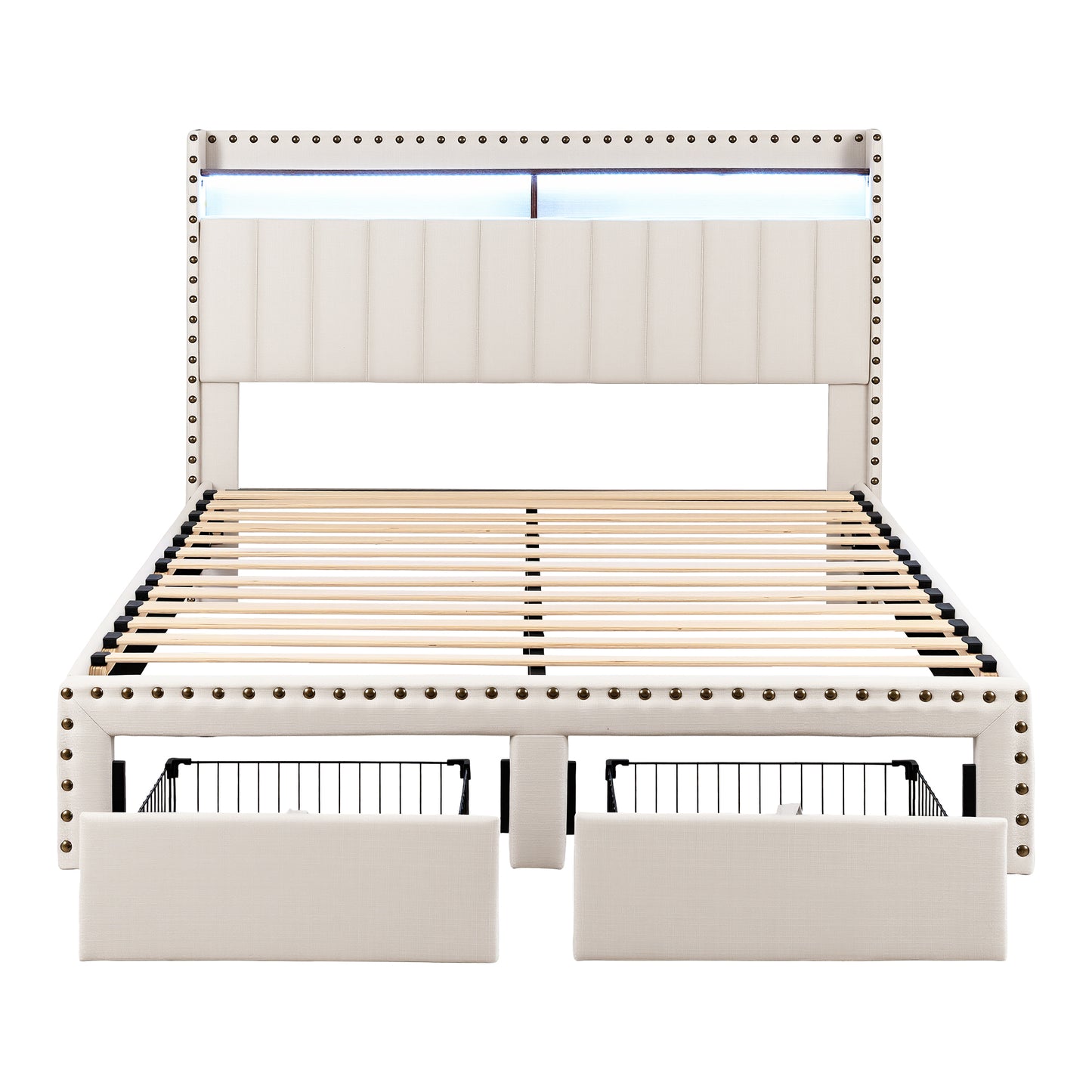 Artiss Queen Upholstered Bed Frame with Shelf Storage Drawers Charging Station Mood Lighting Linen - Image 3