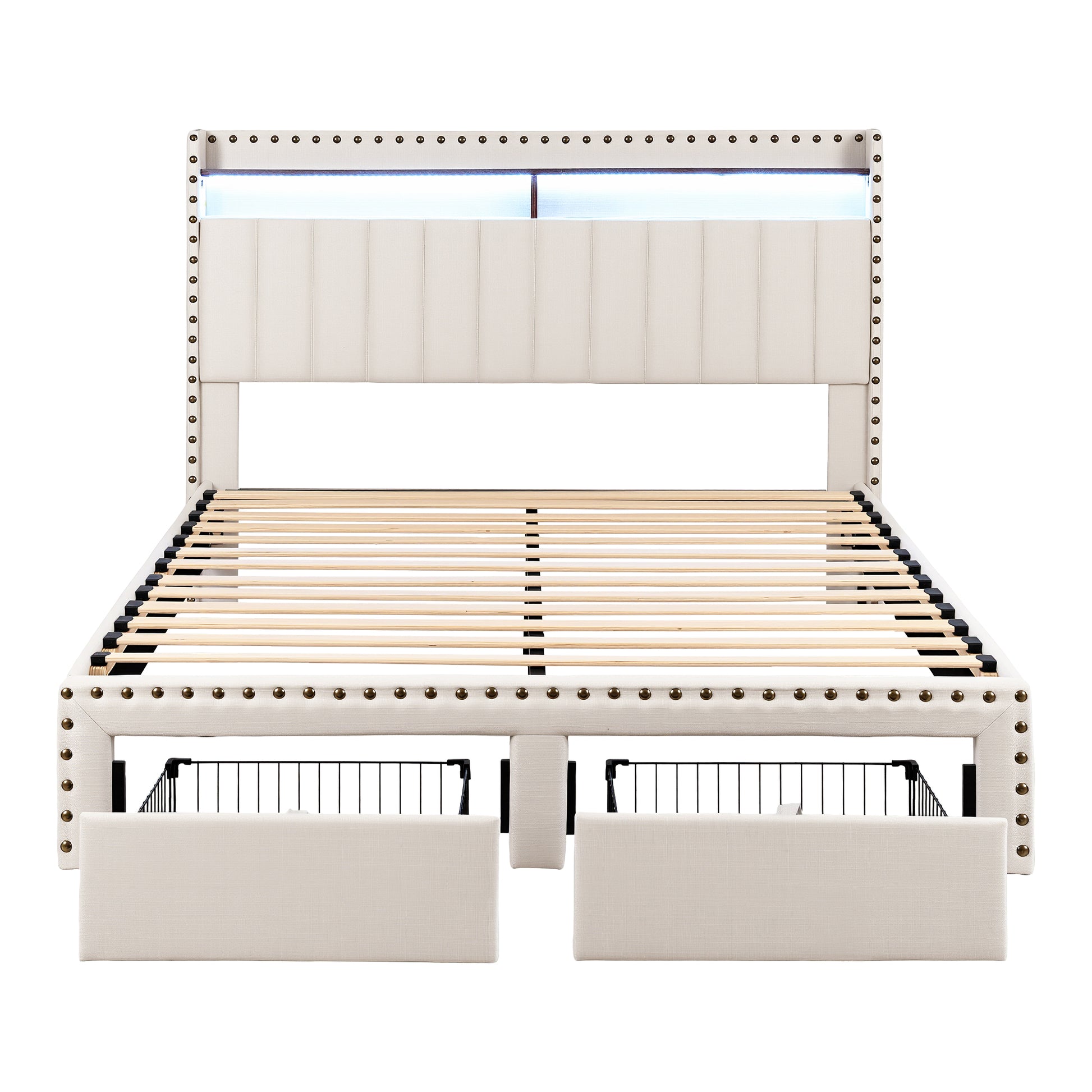 Artiss Queen Upholstered Bed Frame with Shelf Storage Drawers Charging Station Mood Lighting Linen - Image 3