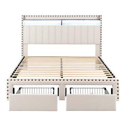 Artiss Queen Upholstered Bed Frame with Shelf Storage Drawers Charging Station Mood Lighting Linen - Image 3