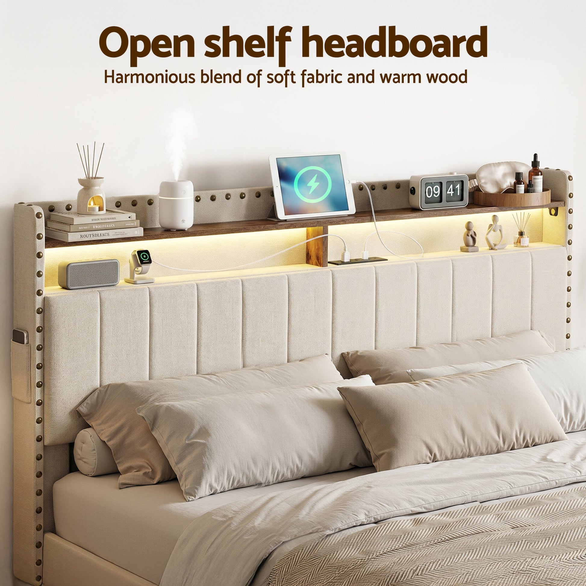 Artiss Queen Upholstered Bed Frame with Shelf Storage Drawers Charging Station Mood Lighting Linen - Image 4