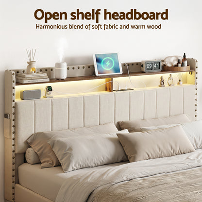Artiss Queen Upholstered Bed Frame with Shelf Storage Drawers Charging Station Mood Lighting Linen - Image 4