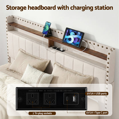 Artiss Queen Upholstered Bed Frame with Shelf Storage Drawers Charging Station Mood Lighting Linen - Image 5