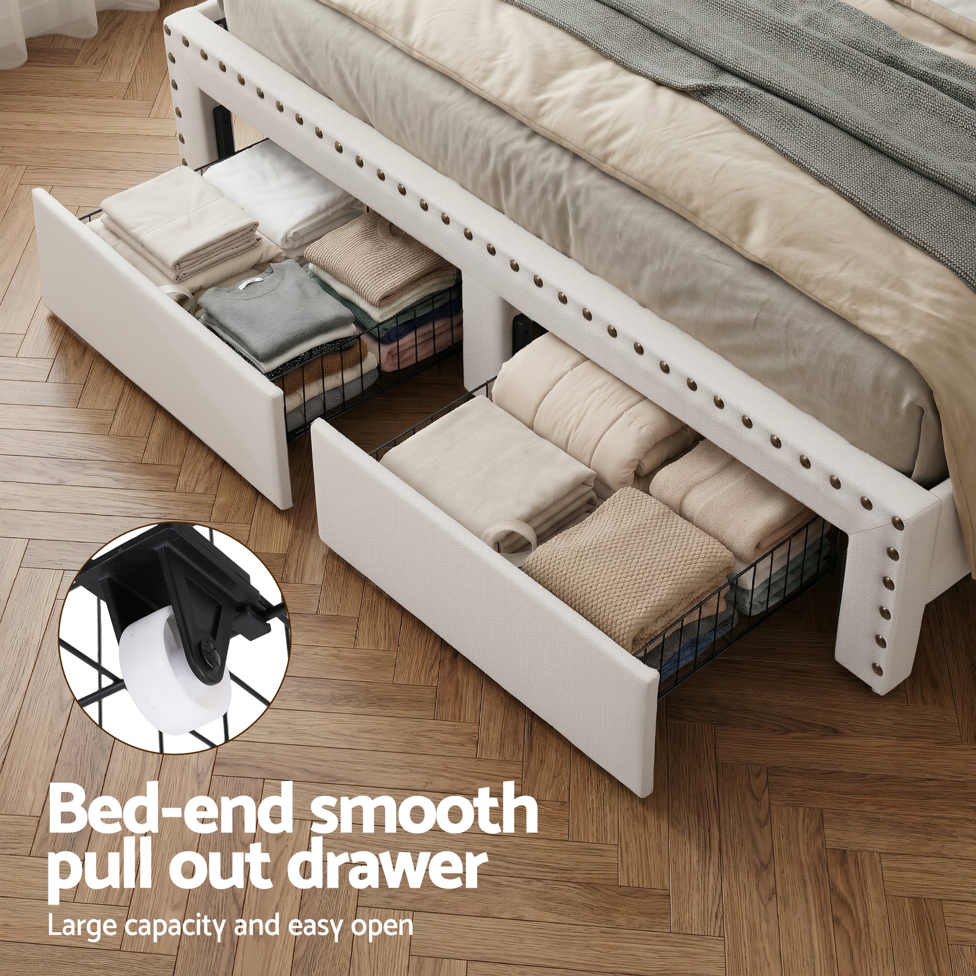 Artiss Queen Upholstered Bed Frame with Shelf Storage Drawers Charging Station Mood Lighting Linen - Image 6