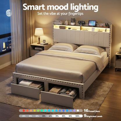 Artiss Queen Upholstered Bed Frame with Shelf Storage Drawers Charging Station Mood Lighting Linen - Image 7