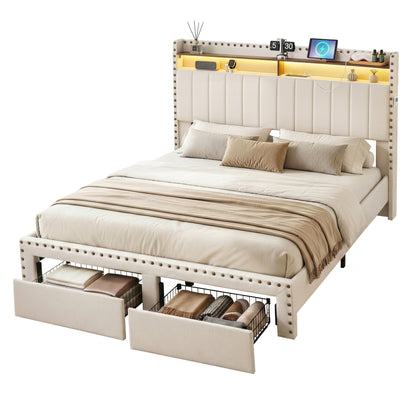 Artiss Queen Upholstered Bed Frame with Shelf Storage Drawers Charging Station Mood Lighting Linen - Image 9