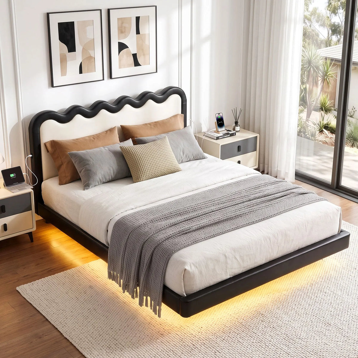 Artiss Queen Bed Frame, Floating Design with RGB LED and USB Charging