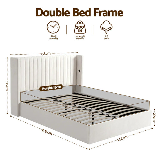 Artiss Double Bed Frame with Gaslift Storage USB Type-C Charging Ports Velvet Upholstery White - Image 2