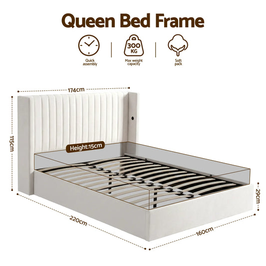 Artiss Queen Bed Frame with Gaslift Storage USB Type-C Charging Ports Velvet Upholstery White - Image 2