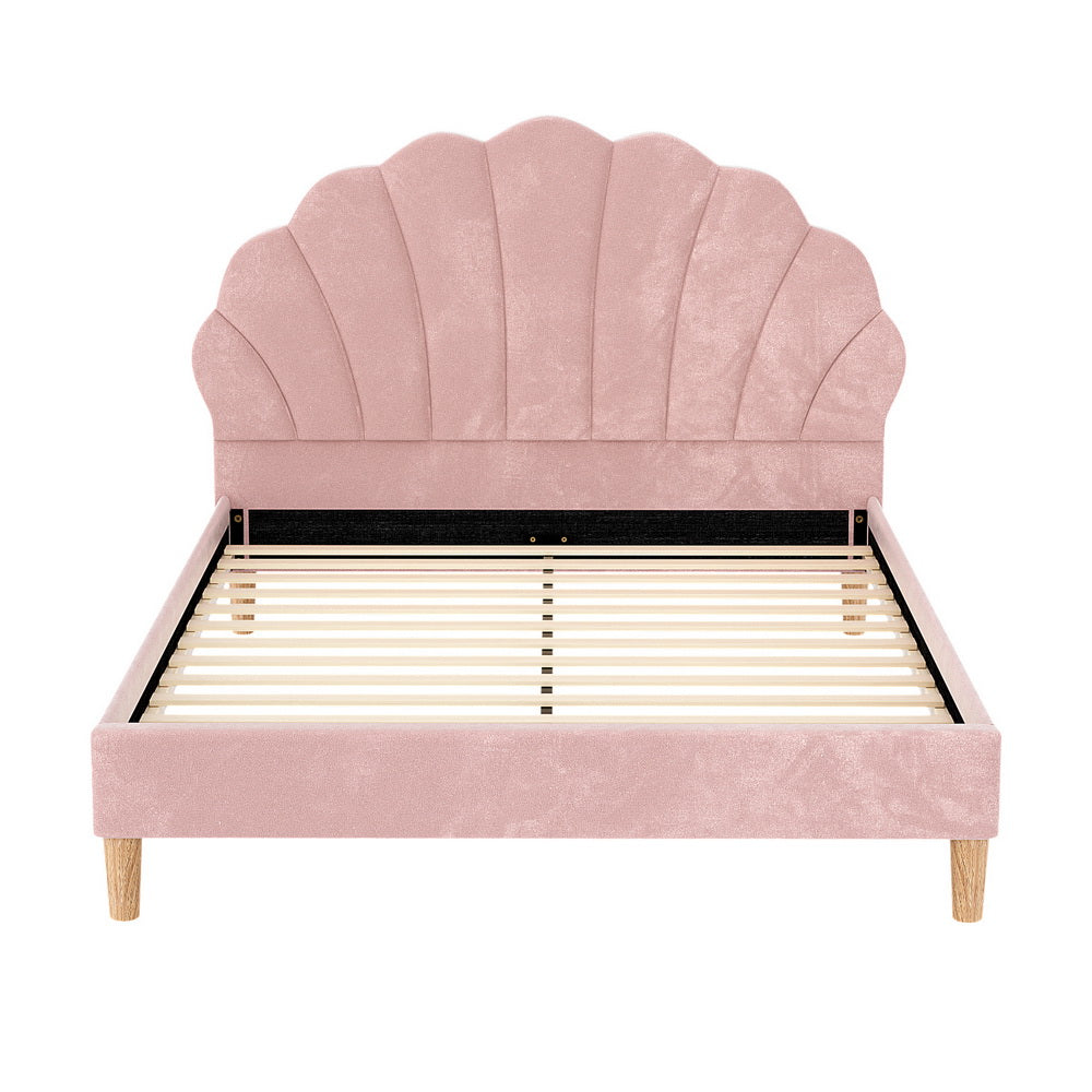 Artiss Bed Frame Double Size Scallop-Shape Bedhead Beds Base Pink Velvet Fabric - Image 3