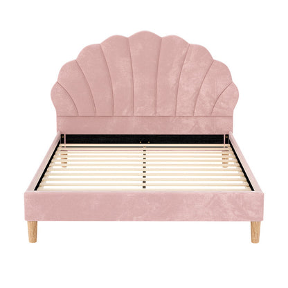 Artiss Bed Frame Double Size Scallop-Shape Bedhead Beds Base Pink Velvet Fabric - Image 3