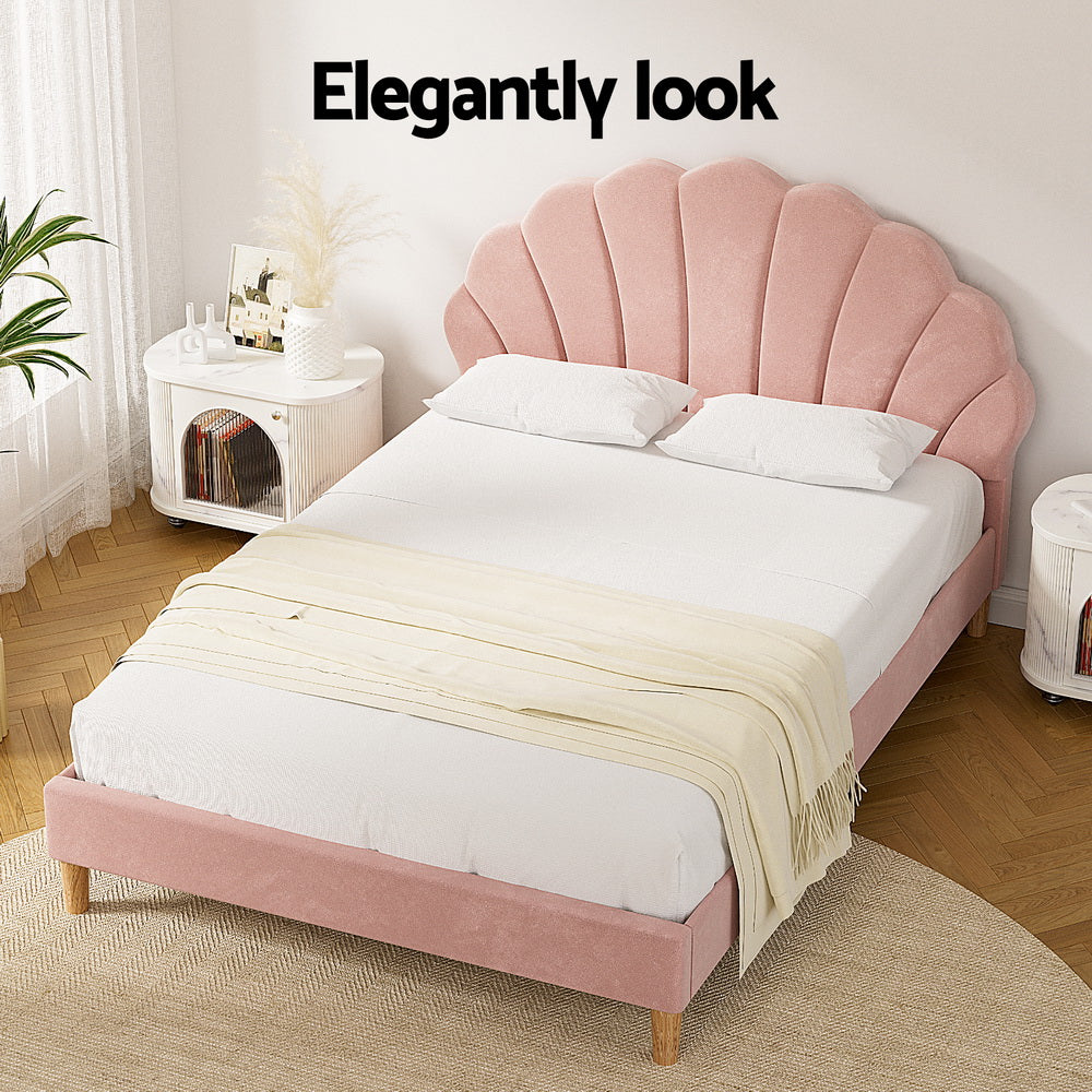 Artiss Bed Frame Double Size Scallop-Shape Bedhead Beds Base Pink Velvet Fabric - Image 4