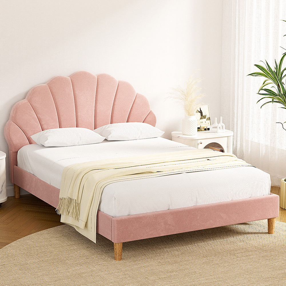 Artiss Bed Frame Double Size Scallop-Shape Bedhead Beds Base Pink Velvet Fabric - Image 7