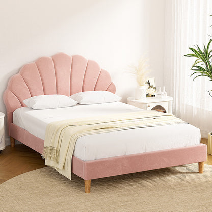 Artiss Bed Frame Double Size Scallop-Shape Bedhead Beds Base Pink Velvet Fabric - Image 7