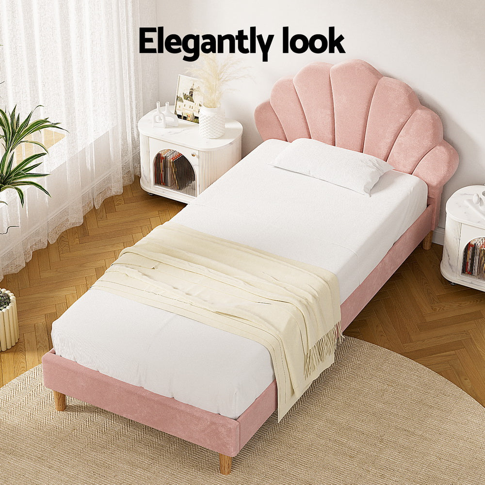 Artiss Bed Frame King Single Size Scallop-Shape Bedhead Beds Base Pink Velvet Fabric - Image 4