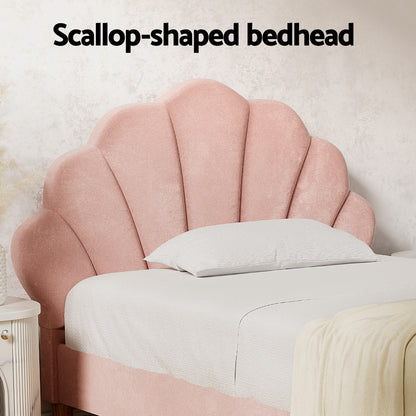 Artiss Bed Frame King Single Size Scallop-Shape Bedhead Beds Base Pink Velvet Fabric - Image 5