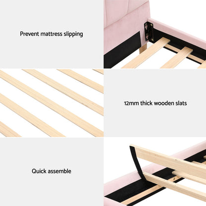 Artiss Bed Frame King Single Size Scallop-Shape Bedhead Beds Base Pink Velvet Fabric - Image 6