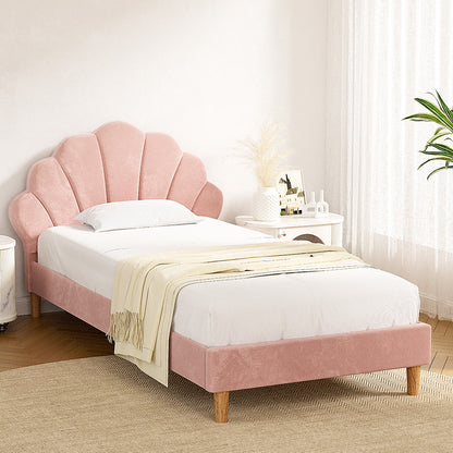 Artiss Bed Frame King Single Size Scallop-Shape Bedhead Beds Base Pink Velvet Fabric - Image 7