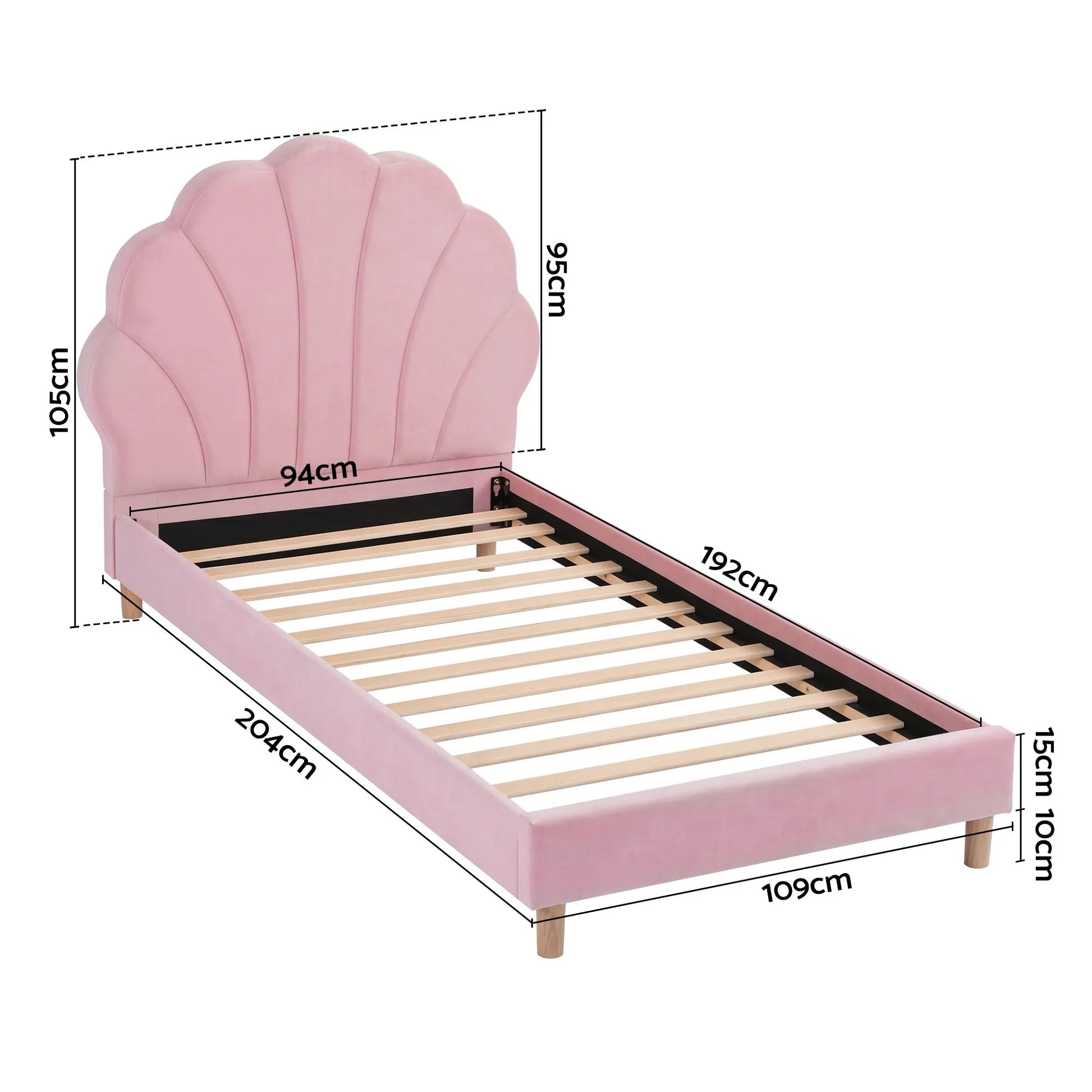 Artiss Single Bed Frame Scallop Upholstered Headboard Pink Velvet Platform Base Support up to 180kg - Image 3