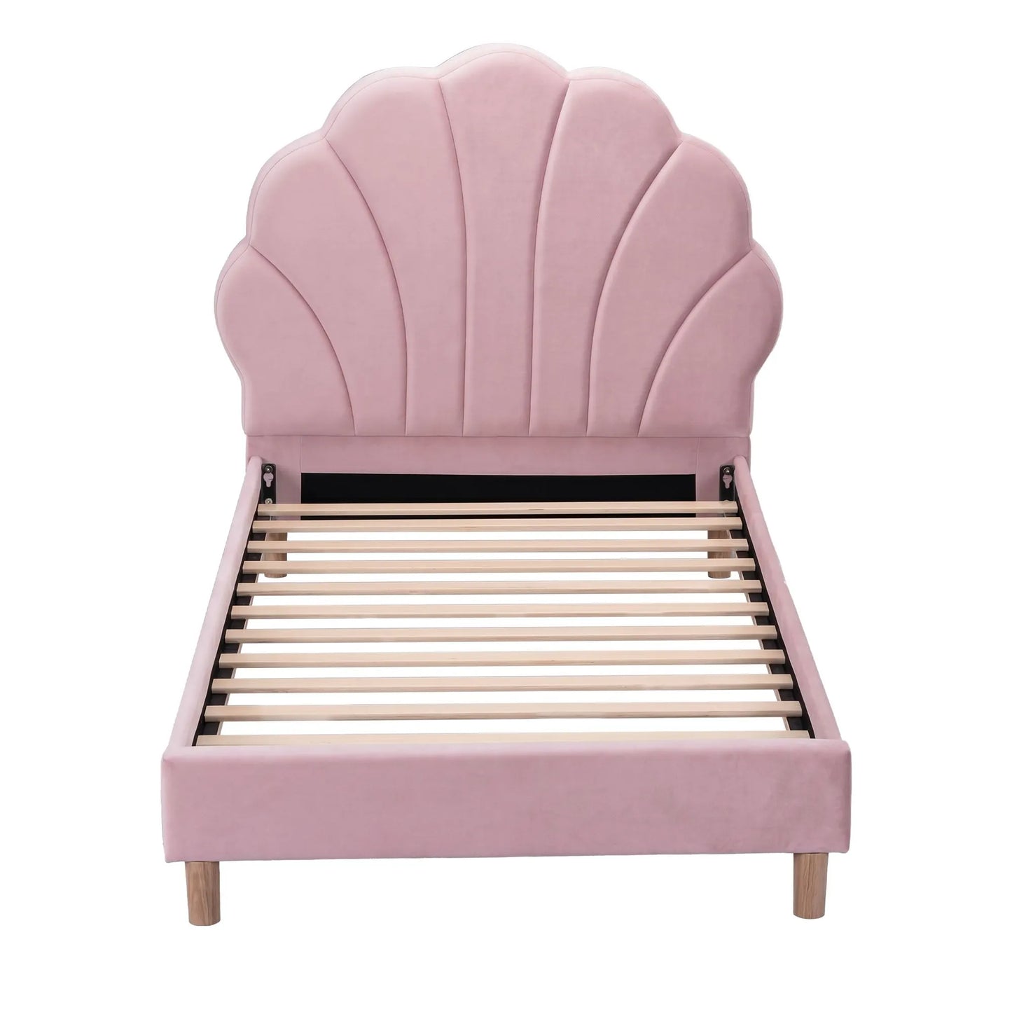 Artiss Single Bed Frame Scallop Upholstered Headboard Pink Velvet Platform Base Support up to 180kg - Image 4