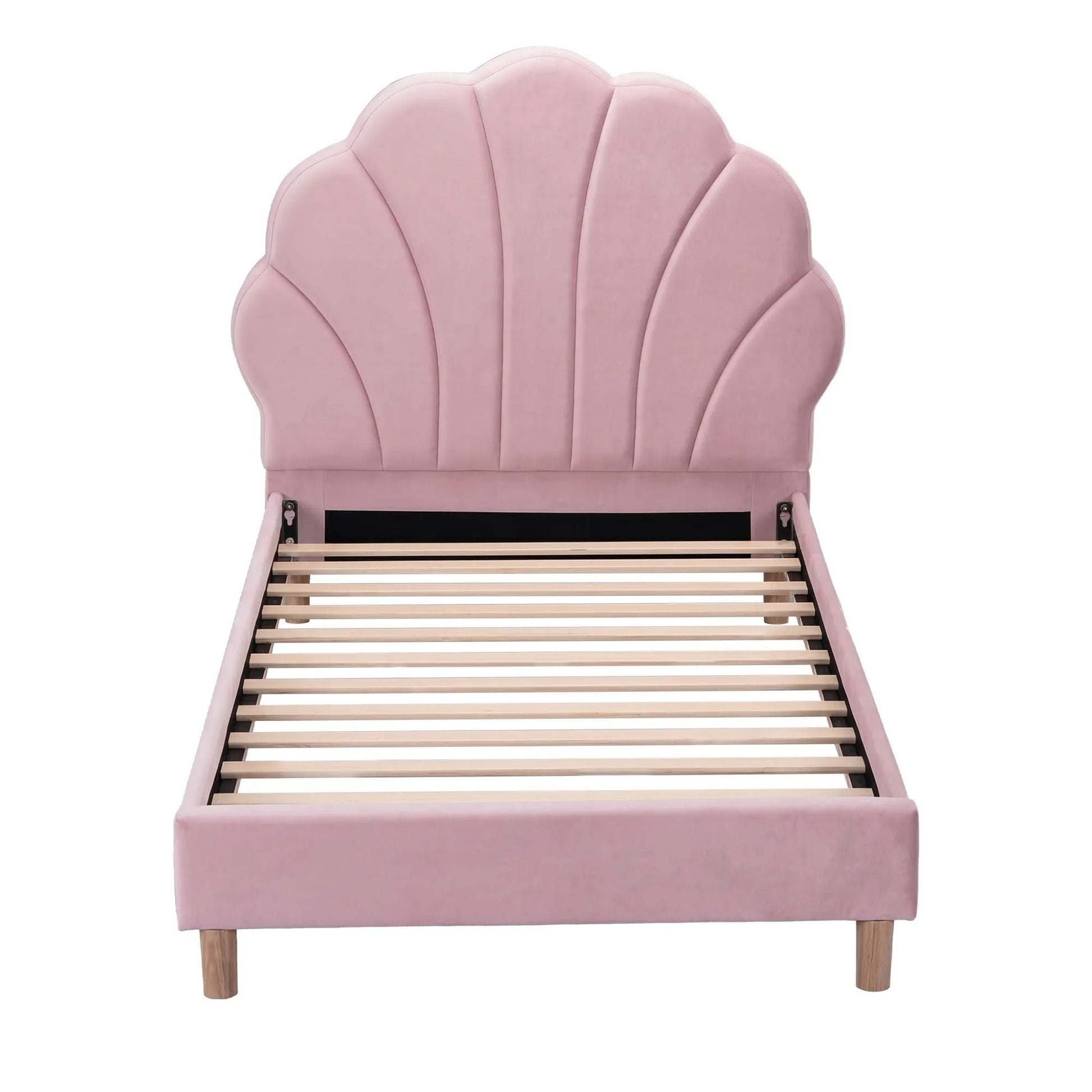 Artiss Single Bed Frame Scallop Upholstered Headboard Pink Velvet Platform Base Support up to 180kg - Image 4