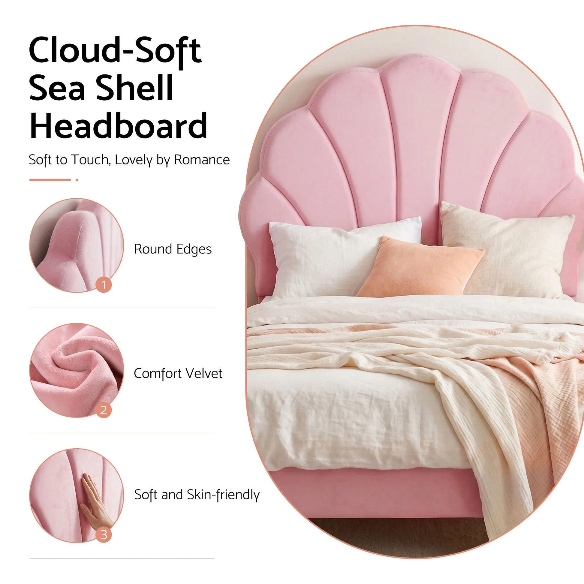 Artiss Single Bed Frame Scallop Upholstered Headboard Pink Velvet Platform Base Support up to 180kg - Image 5