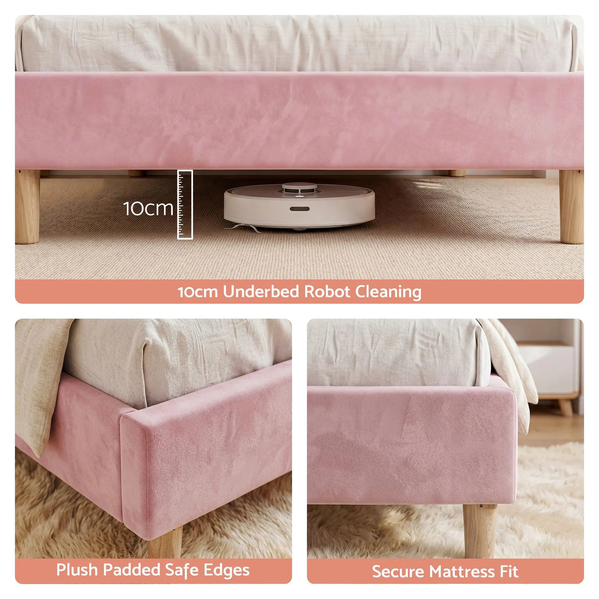 Artiss Single Bed Frame Scallop Upholstered Headboard Pink Velvet Platform Base Support up to 180kg - Image 7
